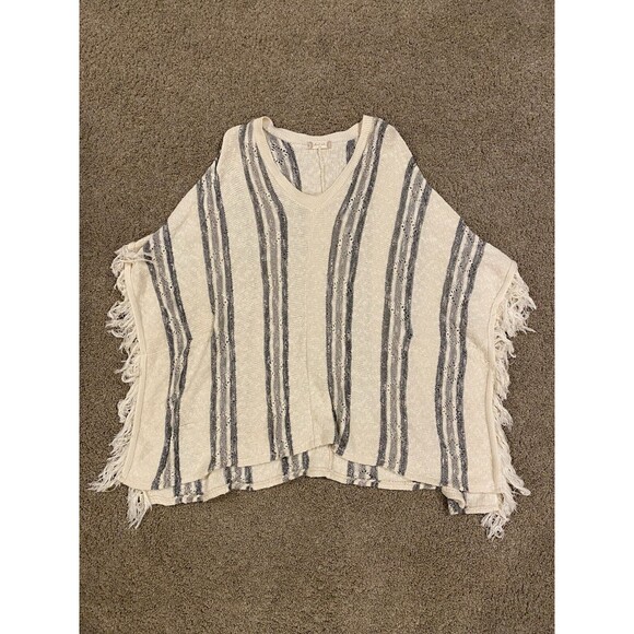 Altar’d State Fringed Poncho Sweater Small‎ Medium Cotton Striped Cream - Picture 1 of 6